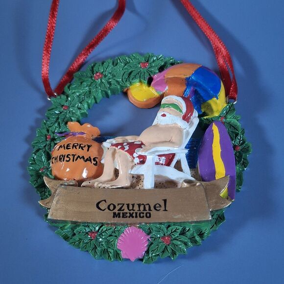 Cozumel Mexico Christmas Hanging Ornament Santa Claus Sunglasses & Umbrella EUC - Picture 1 of 3